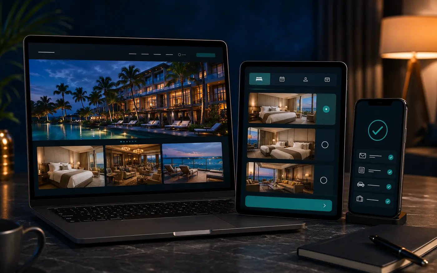 Hospitality booking experience with destination discovery and guest confirmation