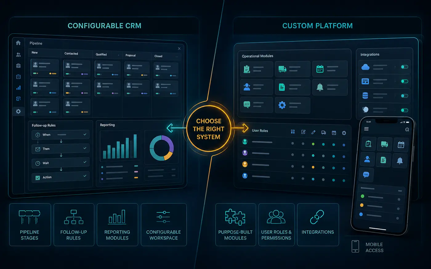 Side-by-side comparison of a configurable CRM and a custom software platform