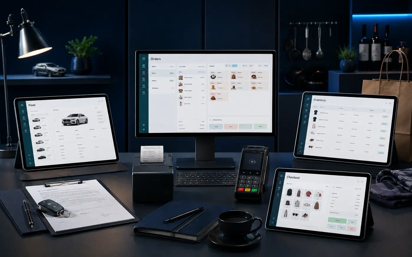 Representative custom POS environments for car rental fleet, restaurant orders and retail inventory